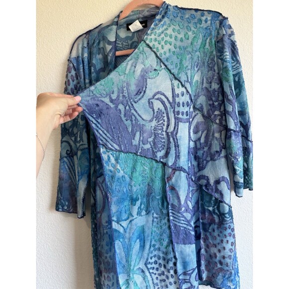 Creation Women's Blue Purple Floral 3/4 Sleeve Open Knit Cardigan Petite Large - Picture 4 of 10